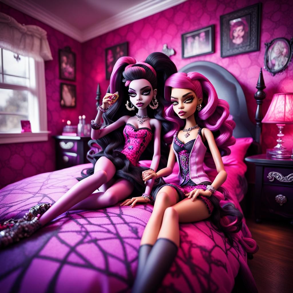 monster high Clawdeen and Draculaura smoking weed together in a girly bedroom