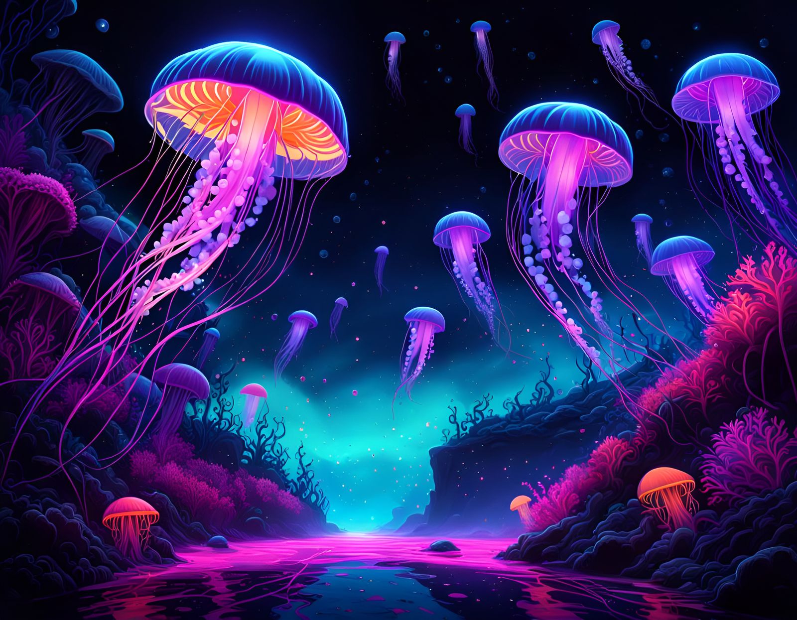 Fluorescent Jellyfish in Blacklight UV Art Style