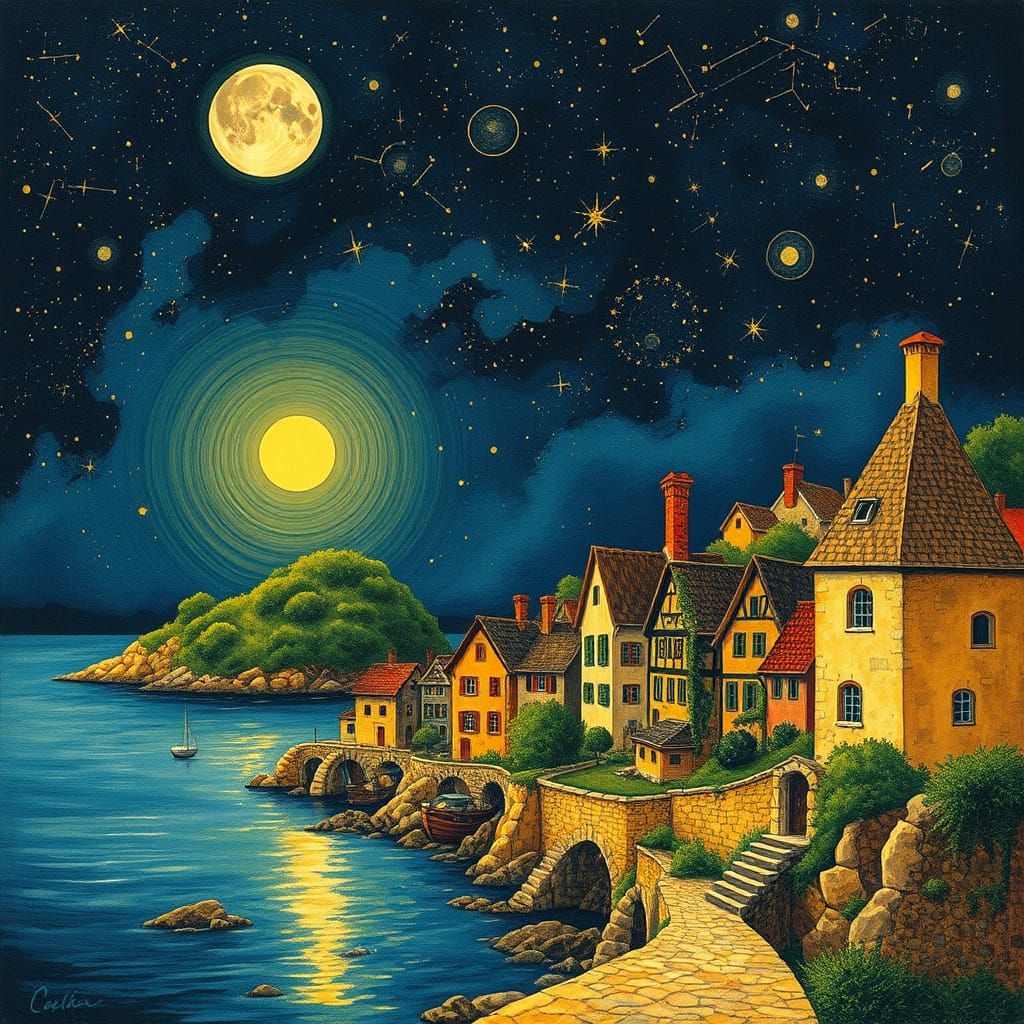 Medieval Island Port Town Under Endless Starry Sky