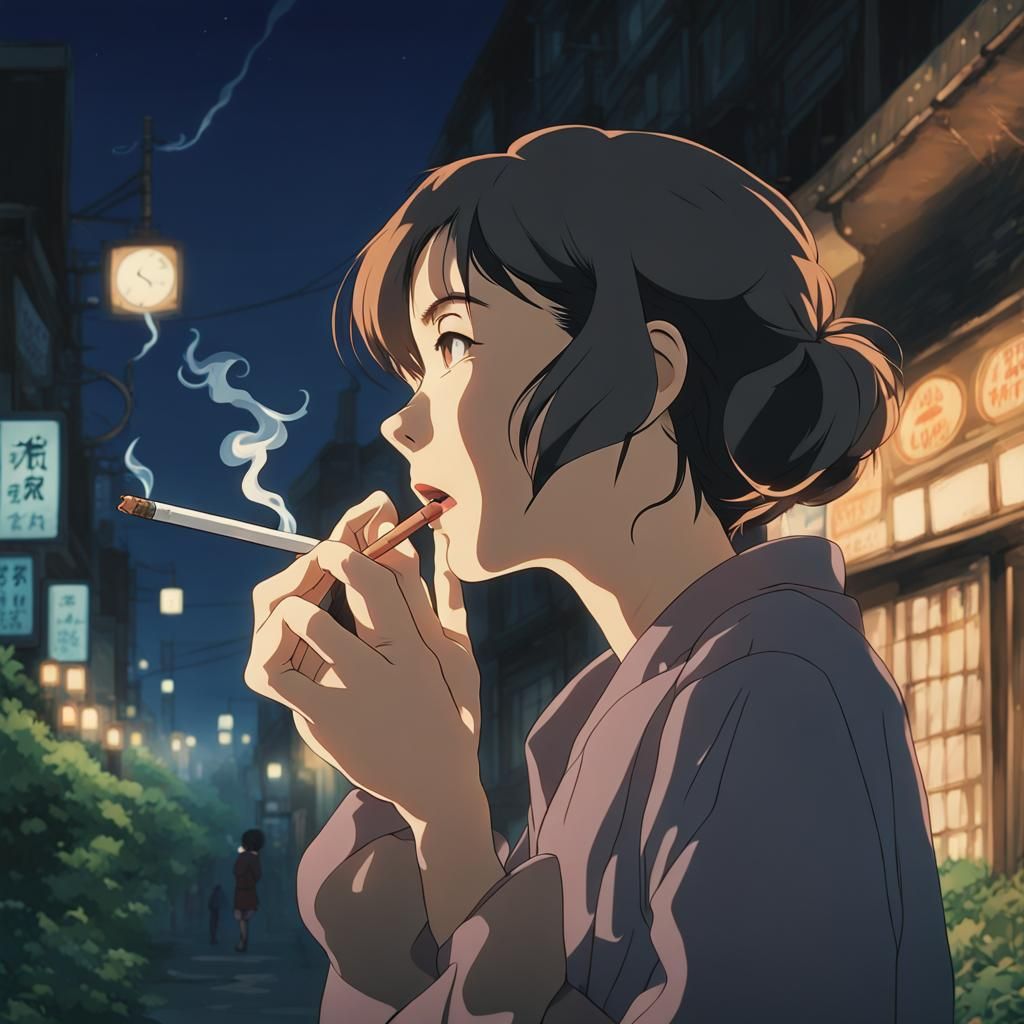 Anime Woman Smoking at Night in Ghibli Style