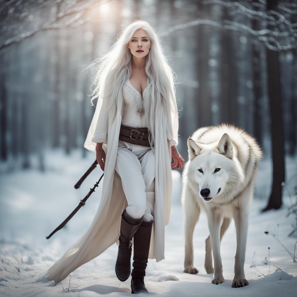 Woman and White Wolf in Natural Light