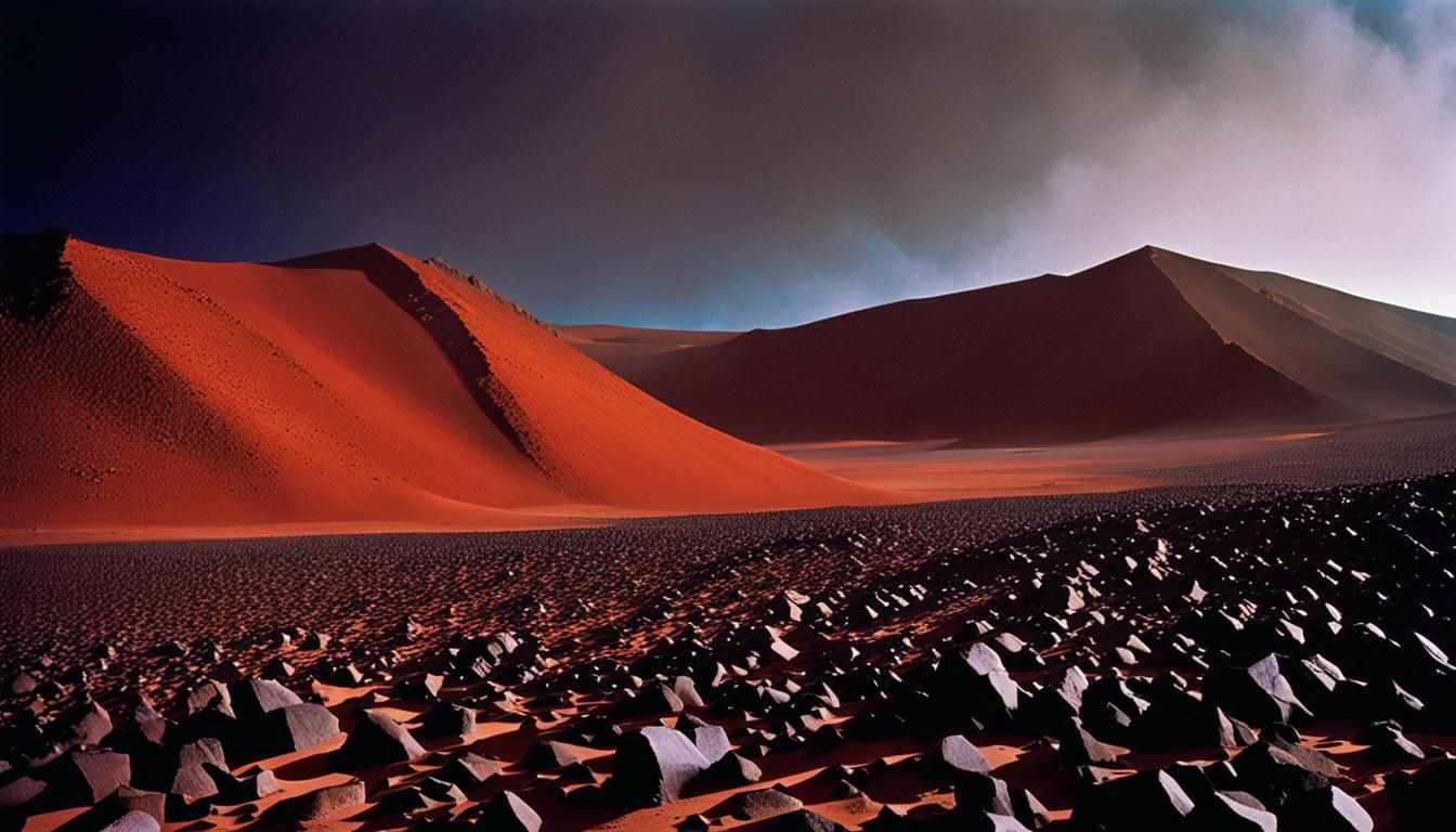 Martian Surface: Detailed Basalt Rocks and Red Dunes