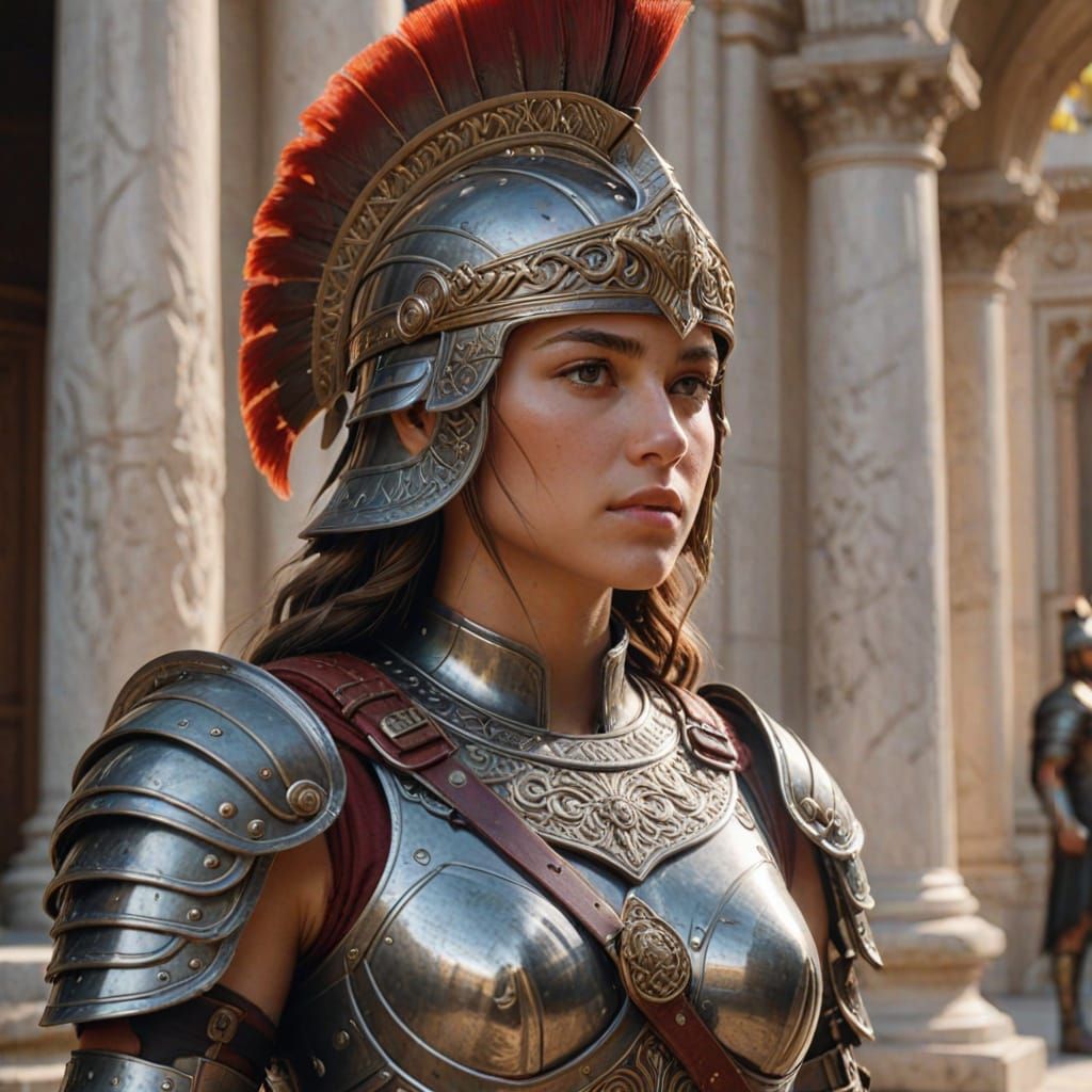 Fearsome Roman Warrior Woman with Red Plume Helmet