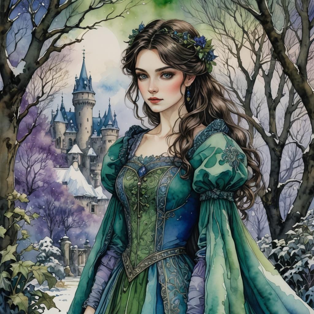 Fairytale Brunette in Winter Garden, Watercolor Style