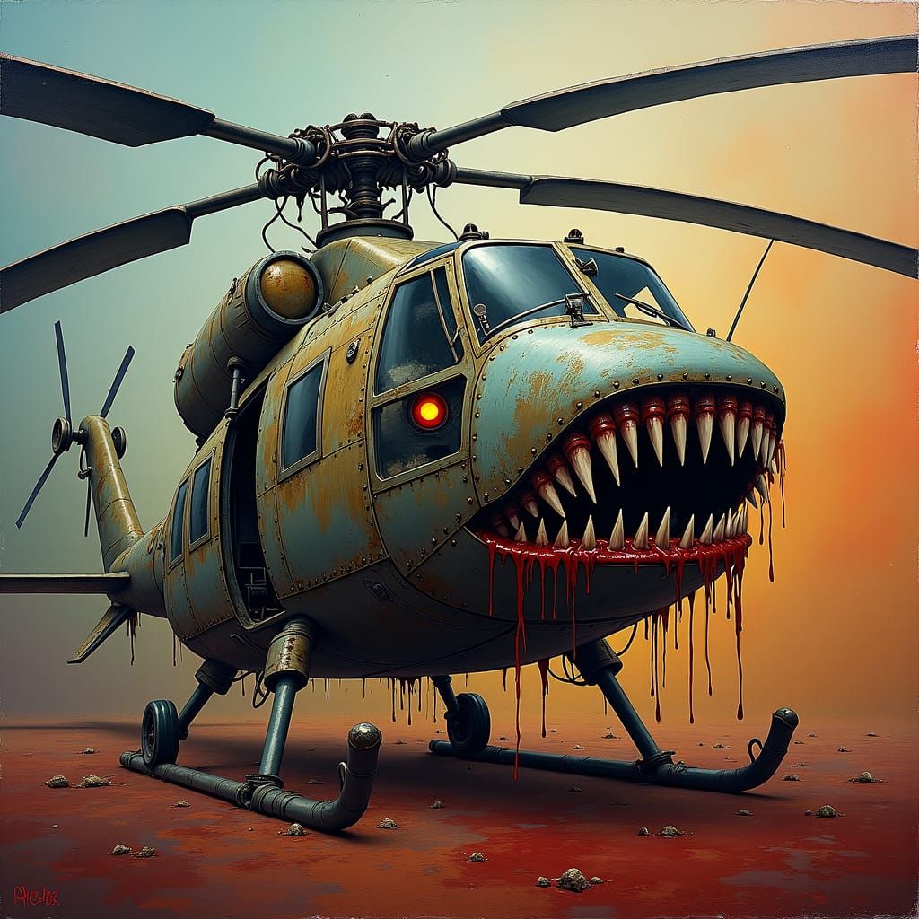 Grotesque surrealism. medium shot. Terribly ugly WAR HELICOP...