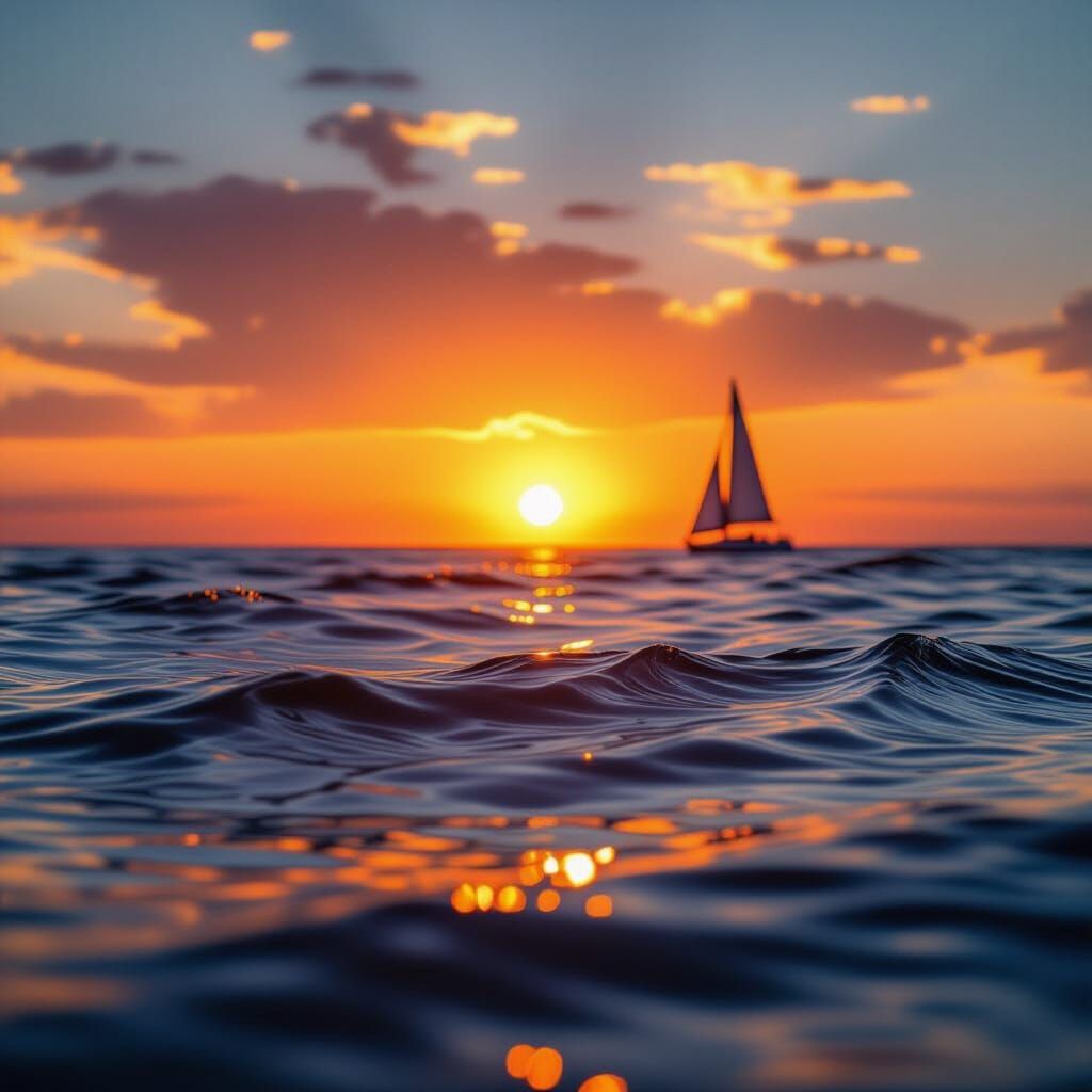 Fiery Sunset Over Ocean With Sailboat, Natural Lighting