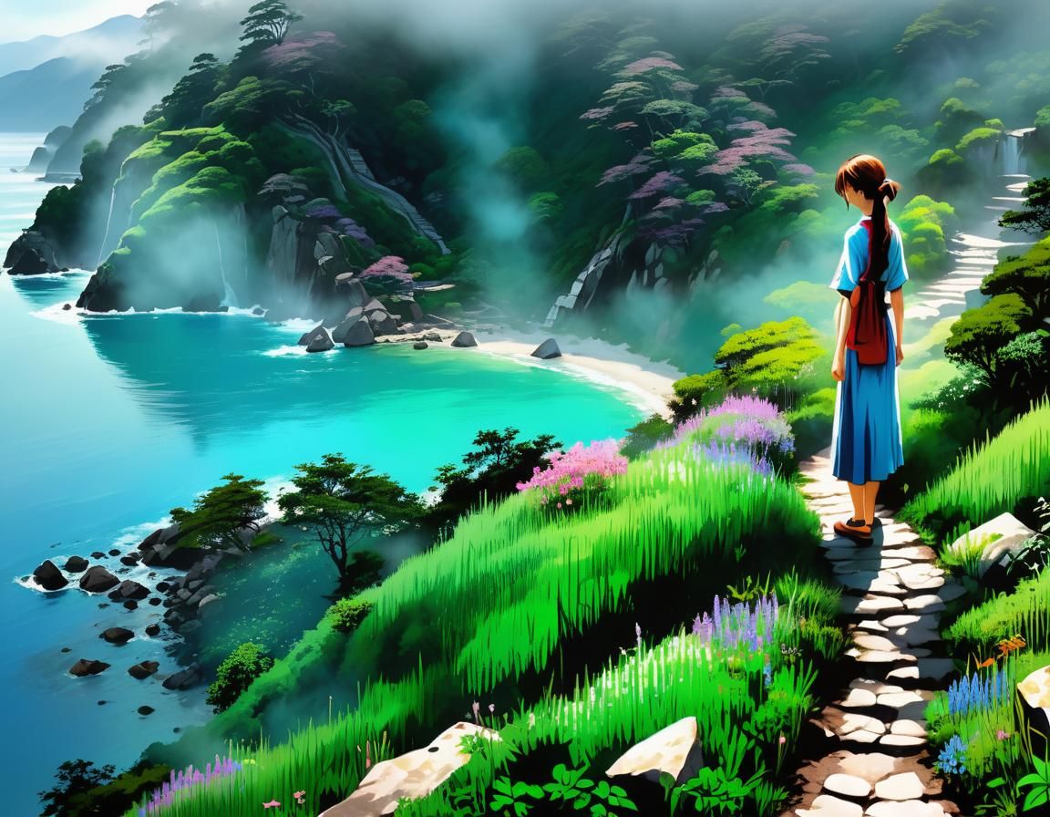 Woman Overlooking Lush Coastline as Oil Painting