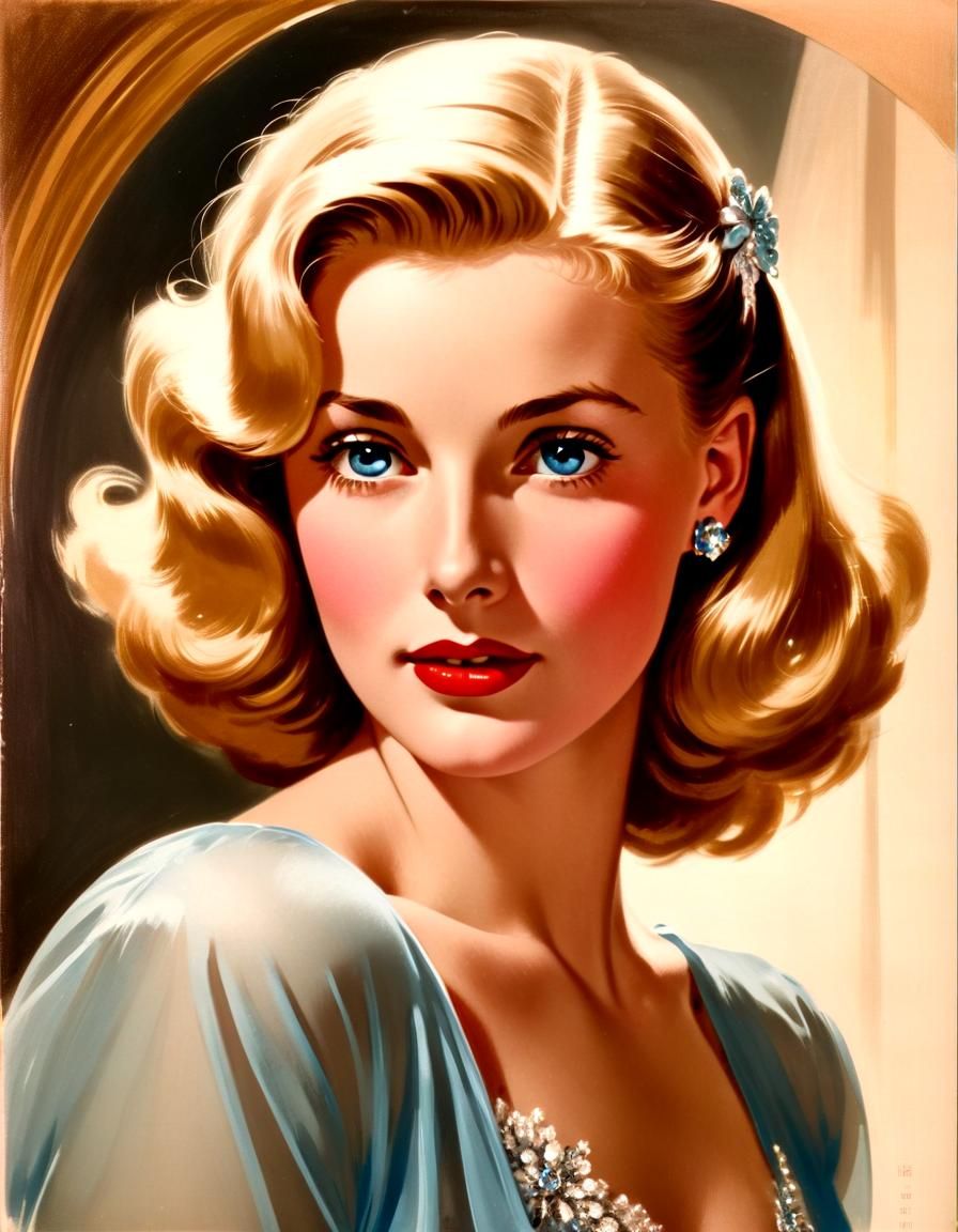 Glamorous Woman in Blue Nightgown, 1950s Style