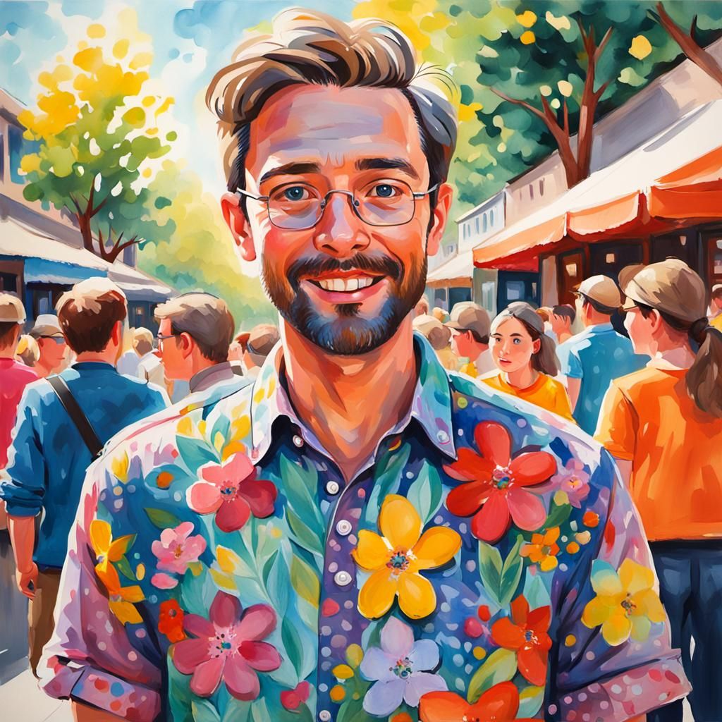 Tourist in Floral Shirt: Gouache Watercolor Masterpiece