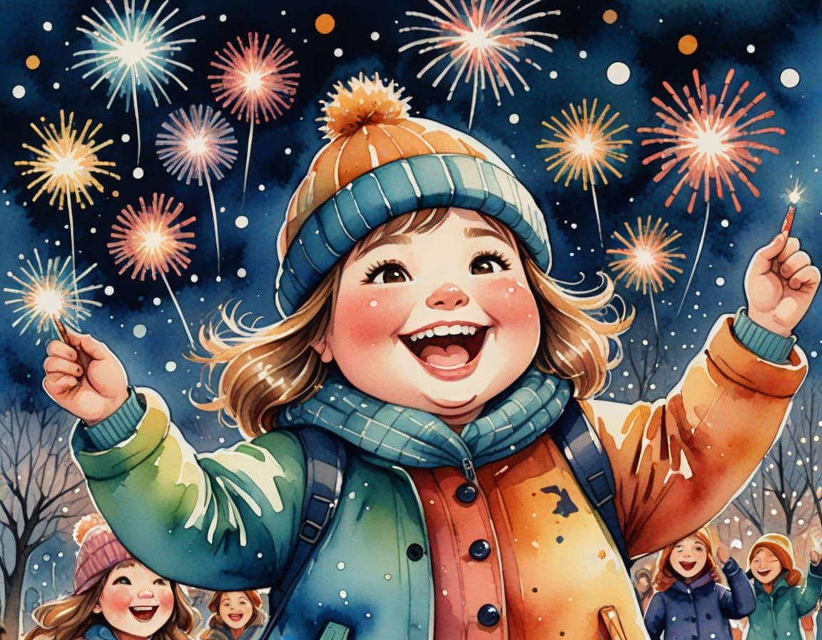 Happy Young Girl Cheers Fireworks on New Year's Eve in Whims...