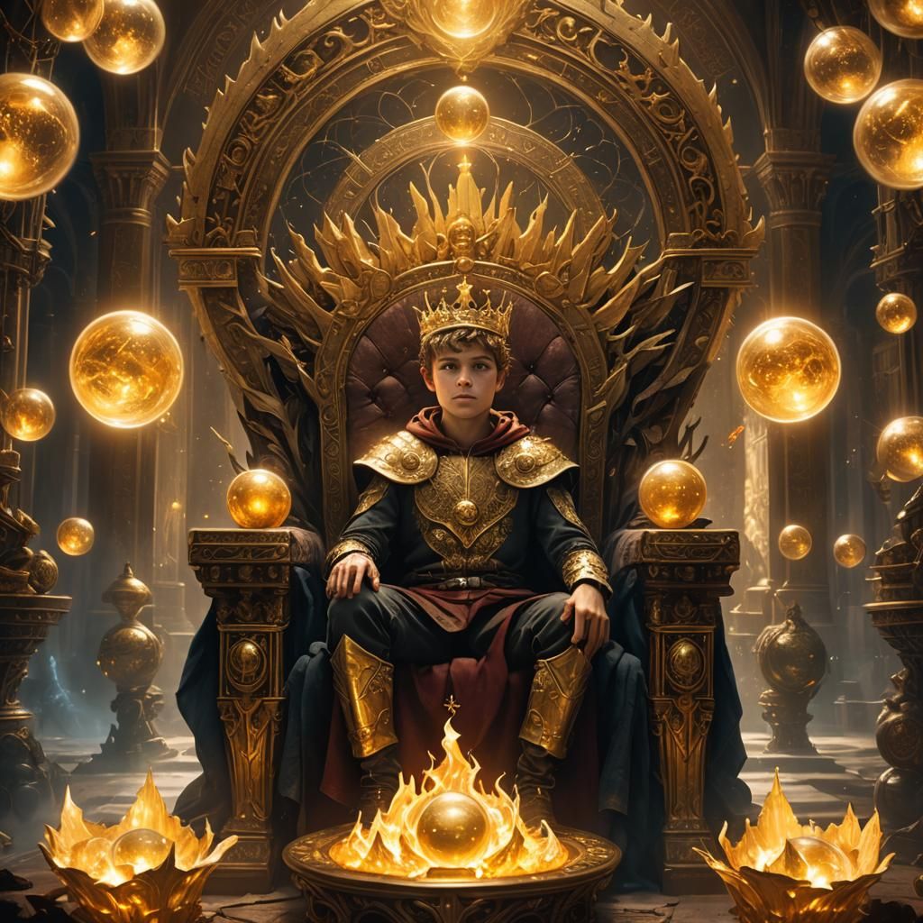 Boy King on Throne with Glowing Orbs
