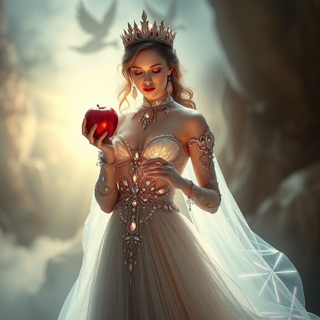 Ethereal Princess in Futuristic Elegance Holds Shimmering Ap...