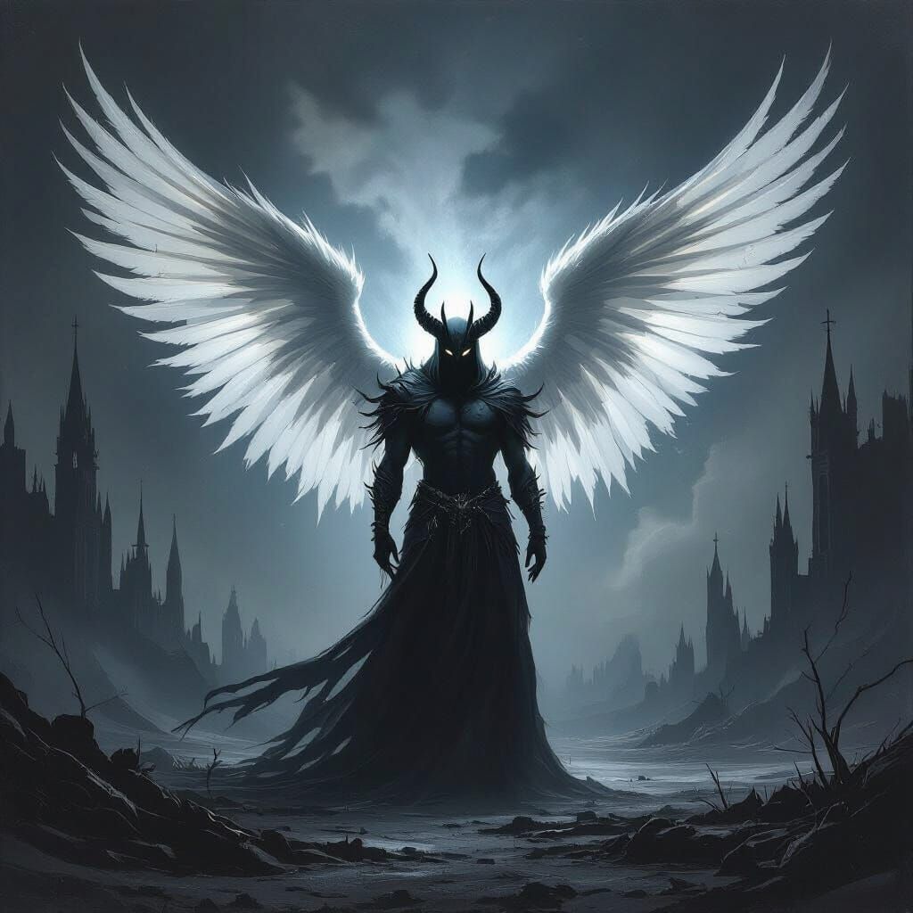 Demon Angel in Gothic Landscape, Oil Painting Style