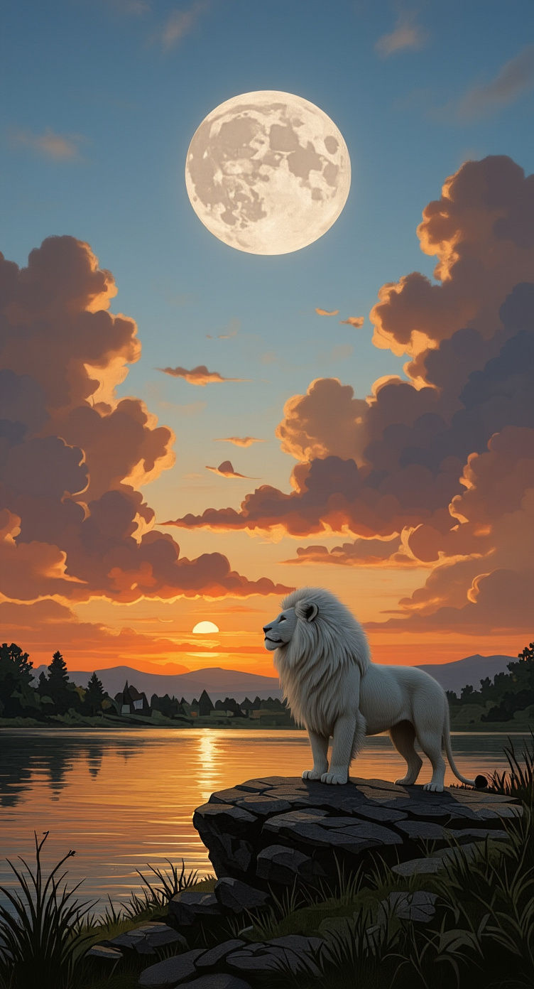 Majestic White Lion Overlooking a Tranquil Lake