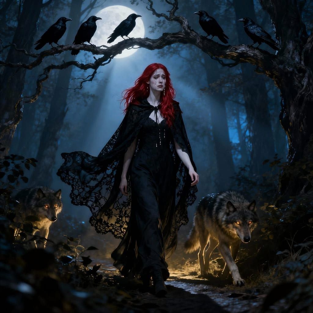 Dark Goddess in Eerie Forest with Ravens and Wolves