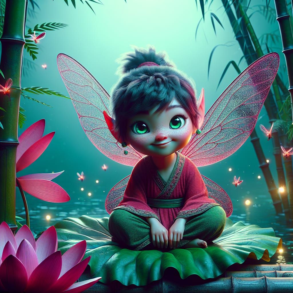 Joyous Red Fairy in Whimsical Lotus Garden