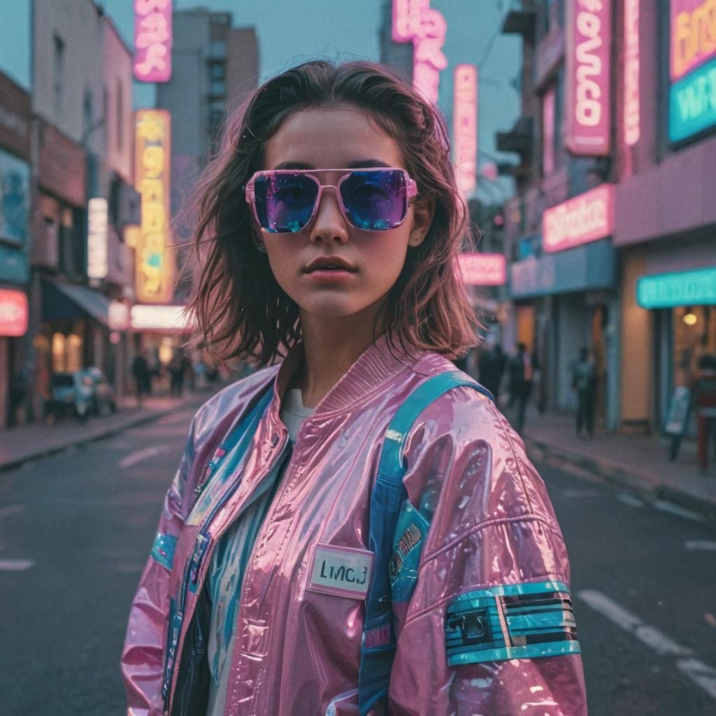 Vaporwave Portrait in Retro-Futuristic Cityscape