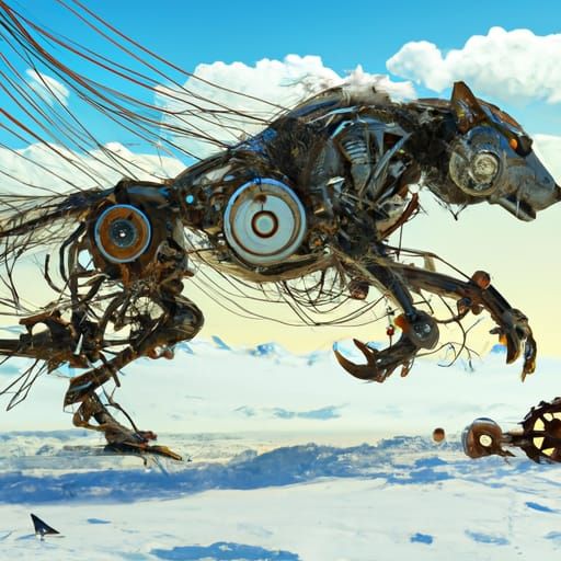 Mechanical Wolf Leaping Through Snow in Cyberpunk Style