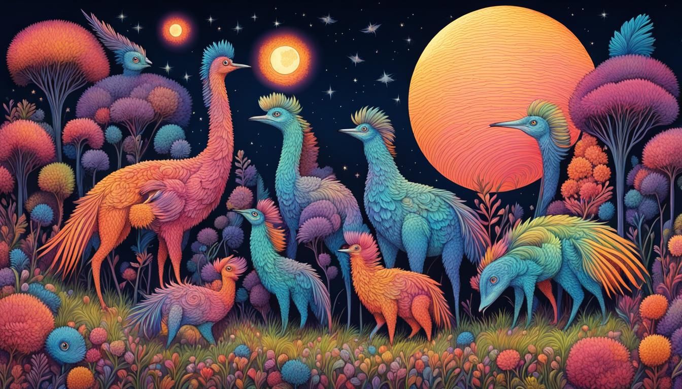Feathered Monsters Sing Under Iridescent Moonrise