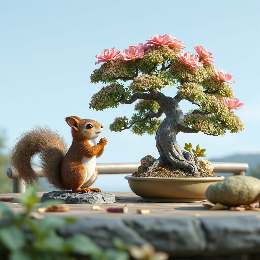 Adorable Squirrel Amazed by Bonsai Tree on Japanese Terrace