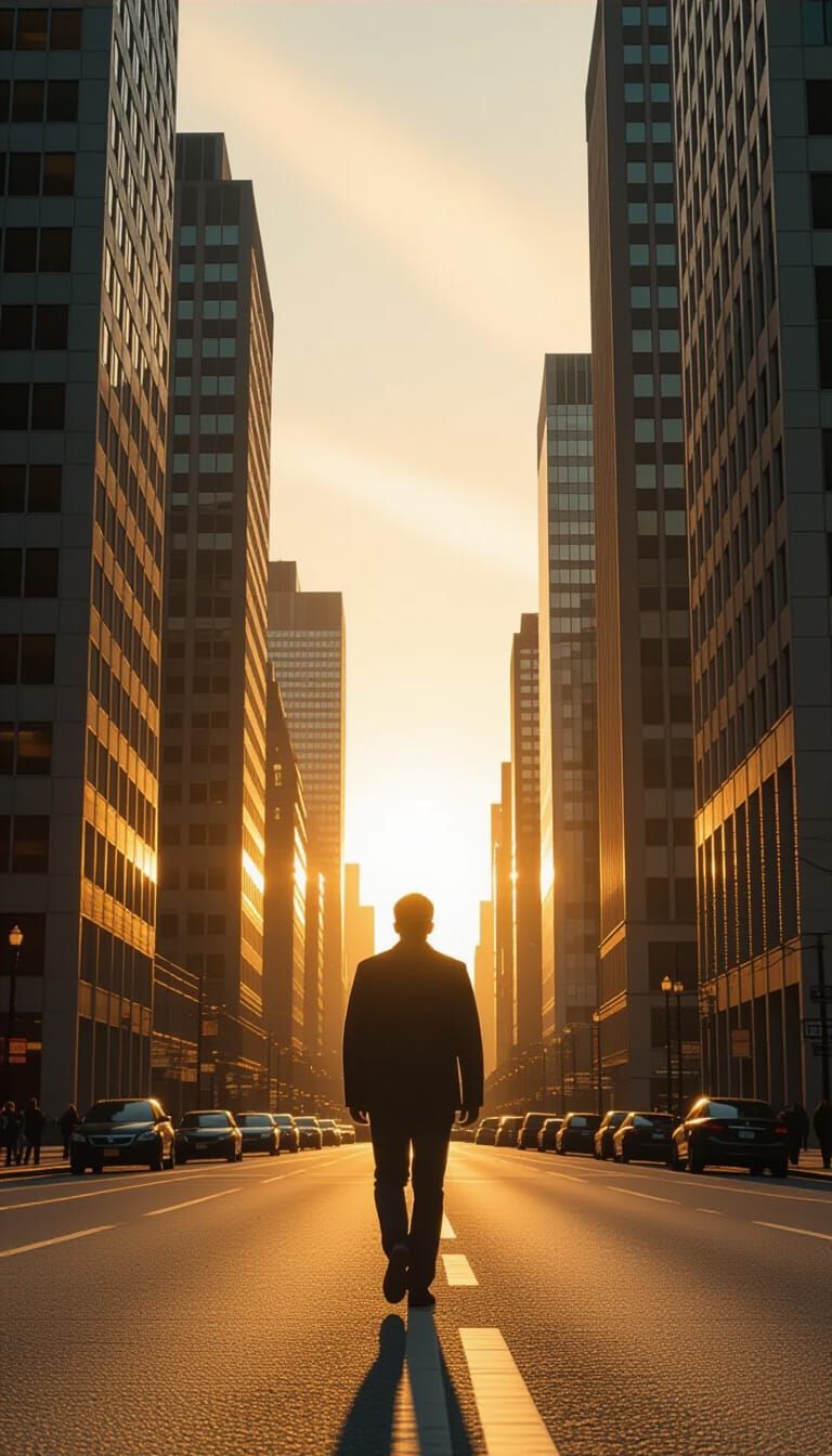 Golden Sunrise Over City Street: Cinematic Style