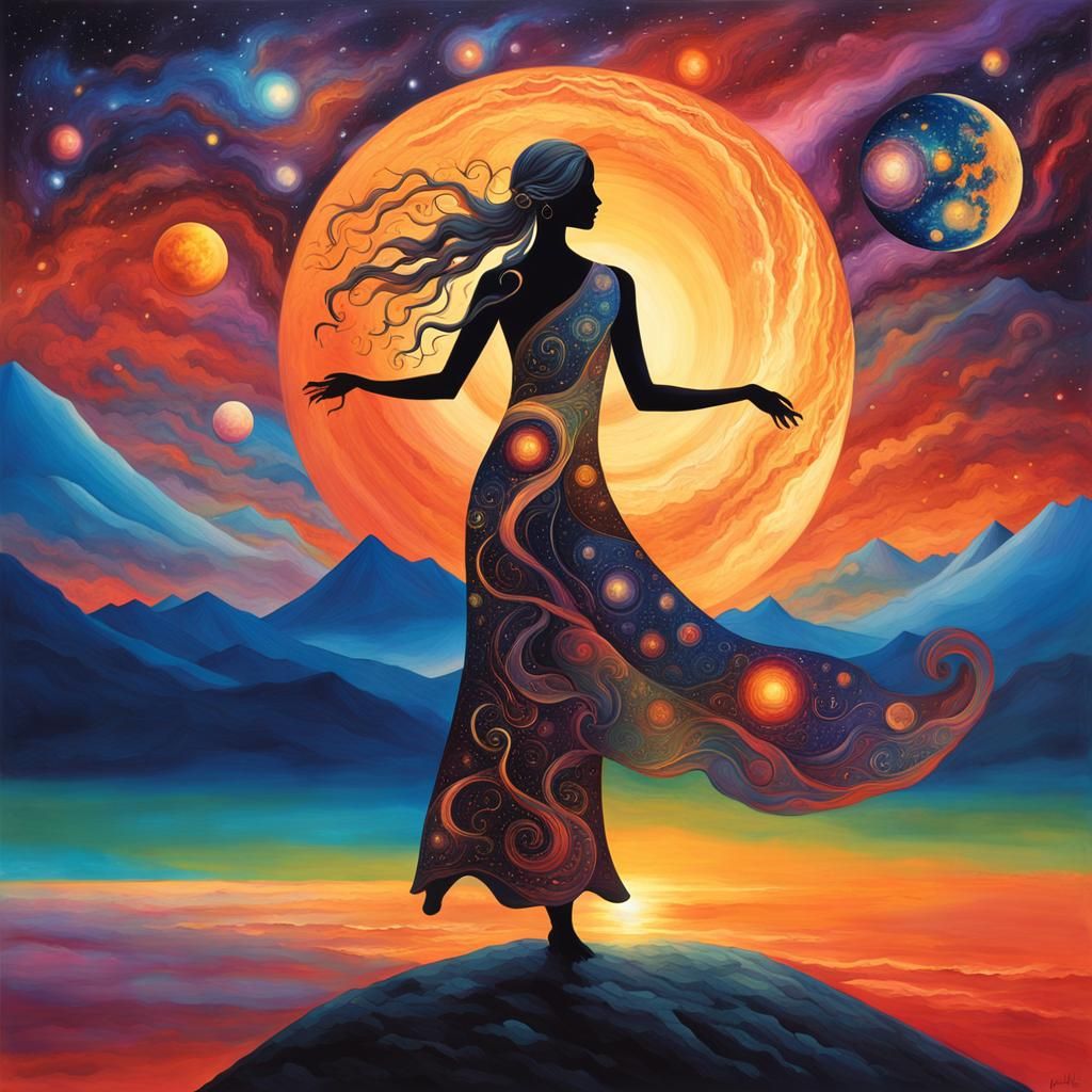 Lady Cosmos: Sunset Silhouette in Digital Art