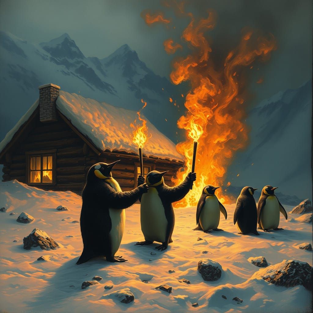 Penguins in a Horror Scene Set a Cabin Ablaze in the Snowy M...