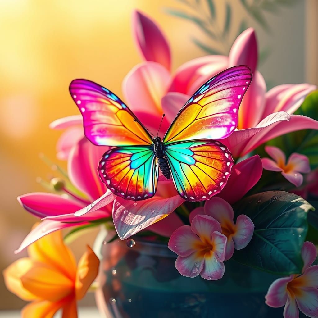 Surreal Tropical Butterfly Amidst Vibrant Blooms in Ceramic ...