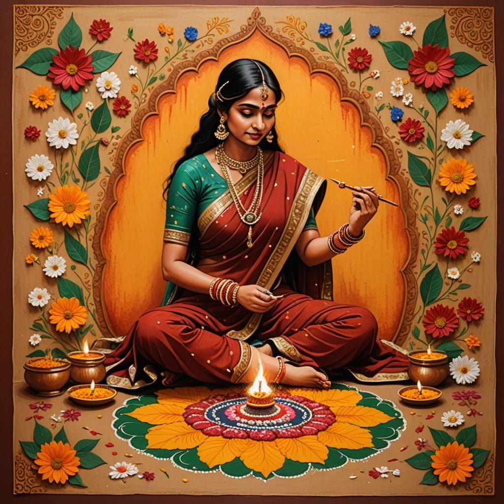 Radiant Indian Woman Creates Vibrant Rangoli Design with Diy...