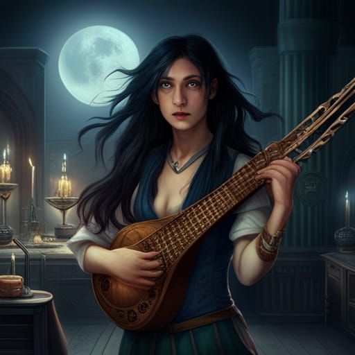Moon Elf Plays Lute in Tavern: Digital Painting