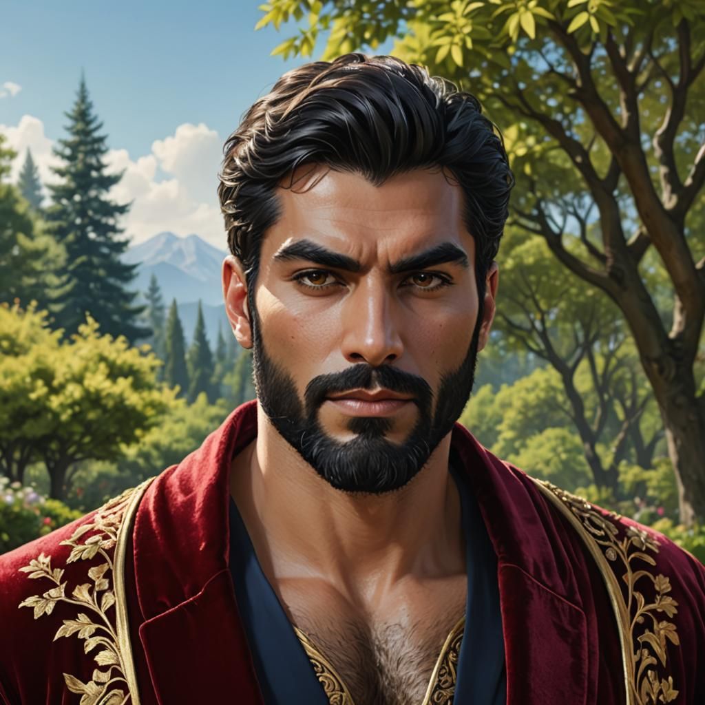 Hirsute Persian Man in Velvet Robe Portrait