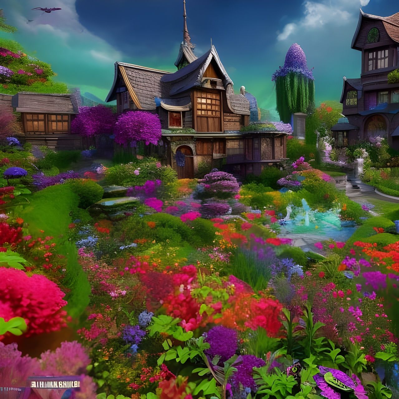 Flower garden,  fantasy house