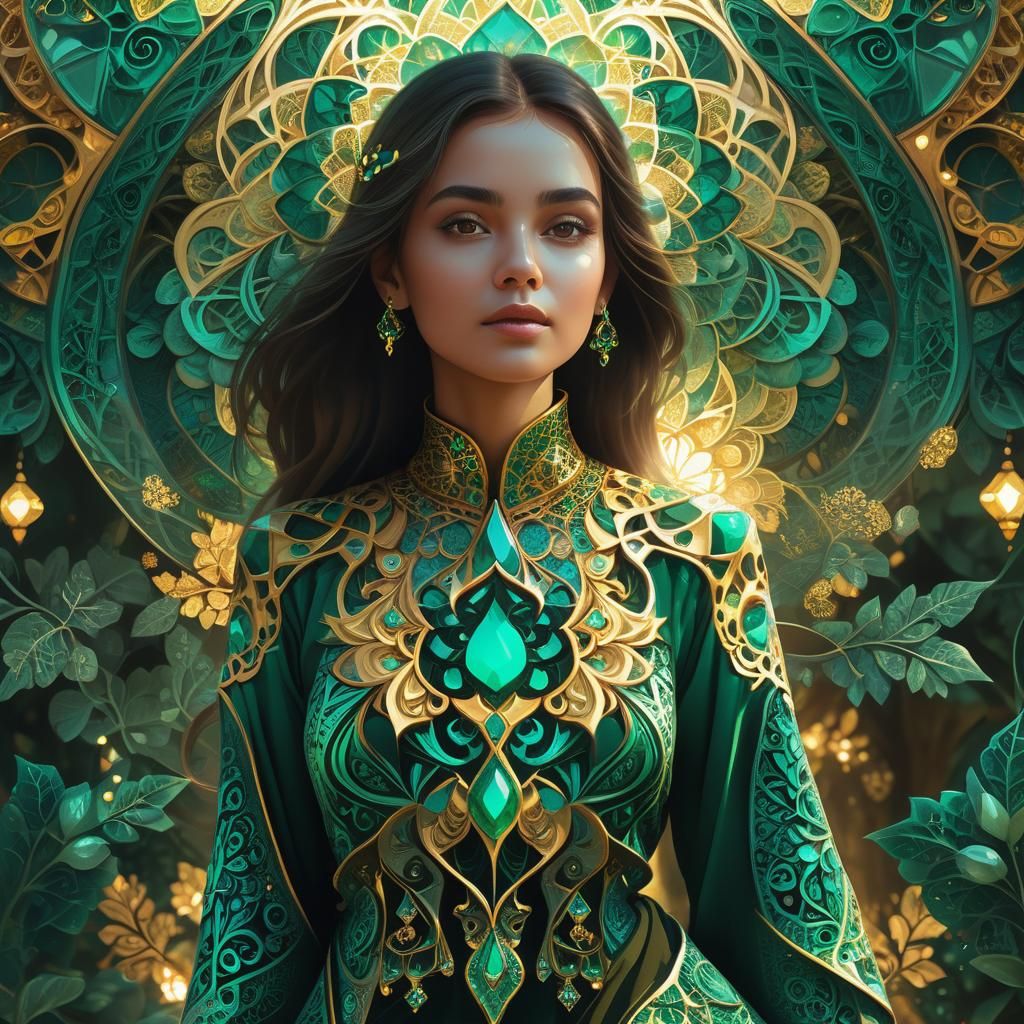 Iranian Woman in Emerald Clothing in Mystical Garden