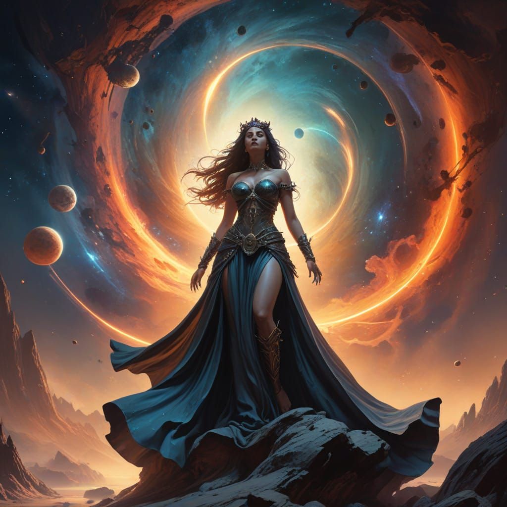 In chaos, she weaves creation's embrace