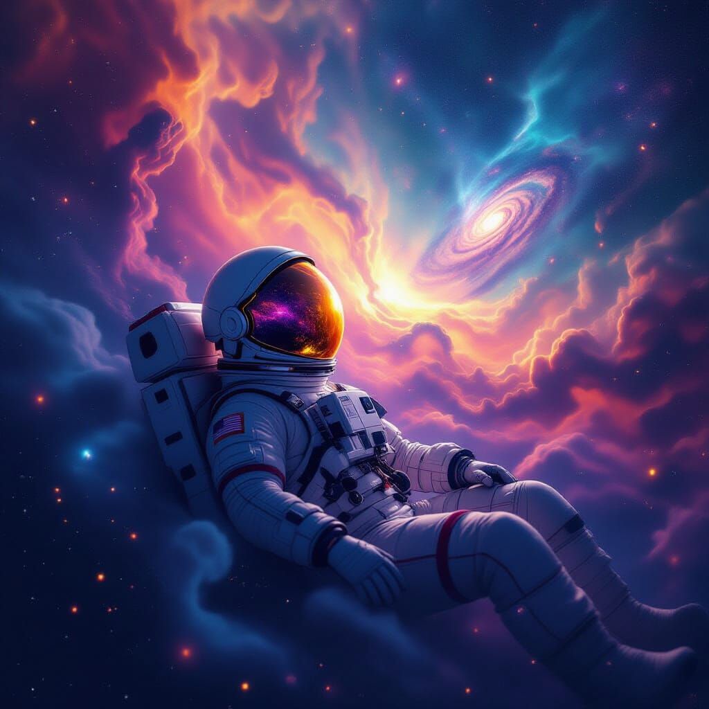 Astronaut Adrift in Cosmic Ocean, Nebulae Swirling