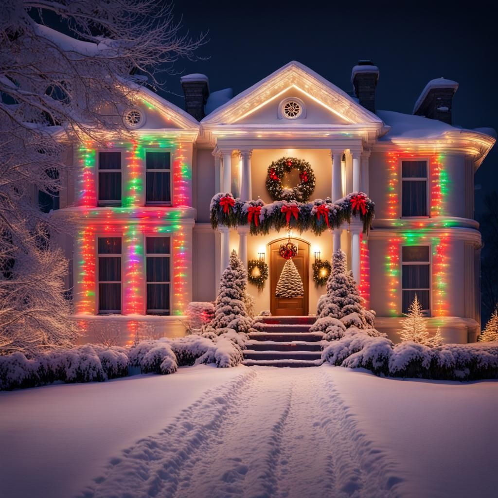 Snowy Christmas Mansion with Colorful Lights at Night