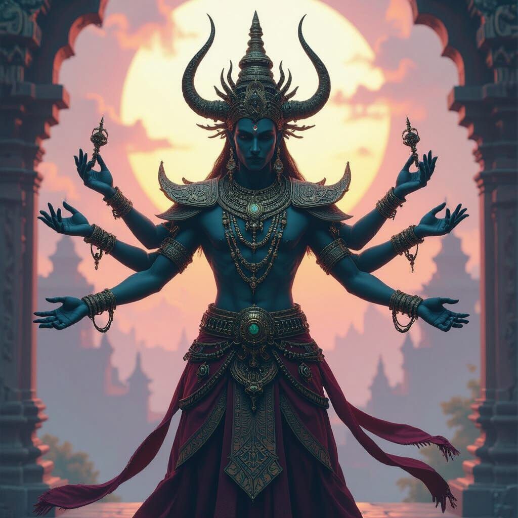 Ornate Six-Armed God in a Fantastical Landscape