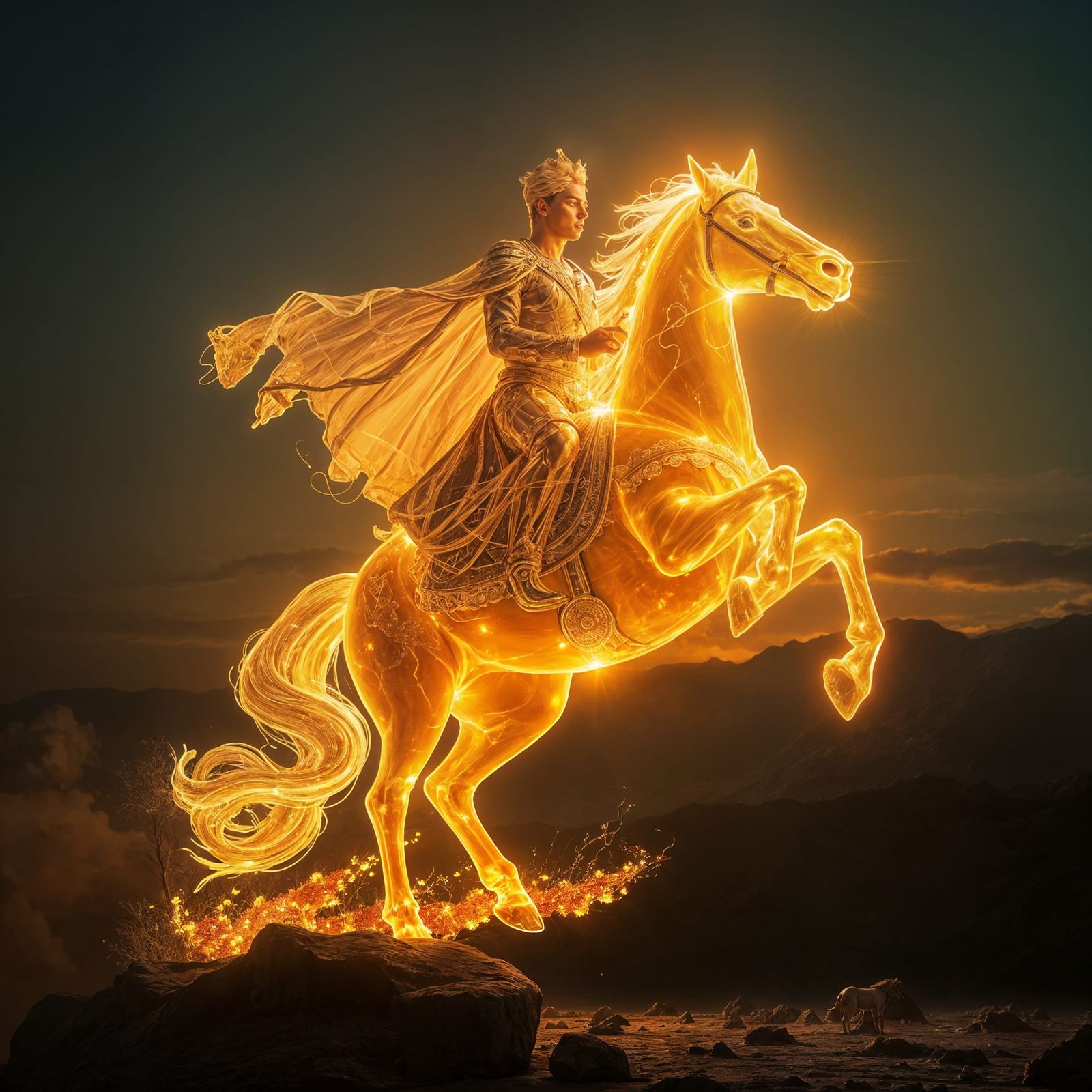Luminous Prince Rides Light Stallion at Dawn