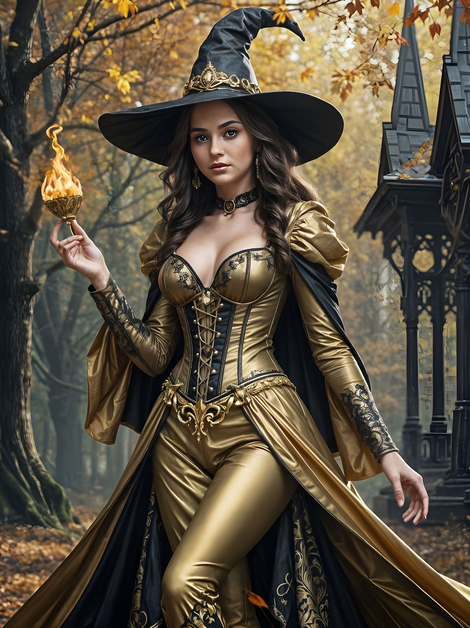 Majestic Sorceress in Autumn Forest Clearing
