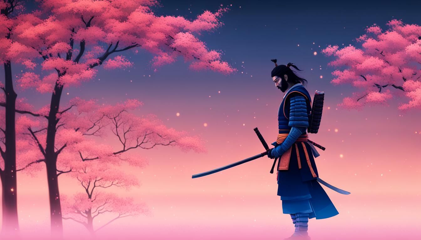 Pensive Samurai Silhouette with Sakura Tree