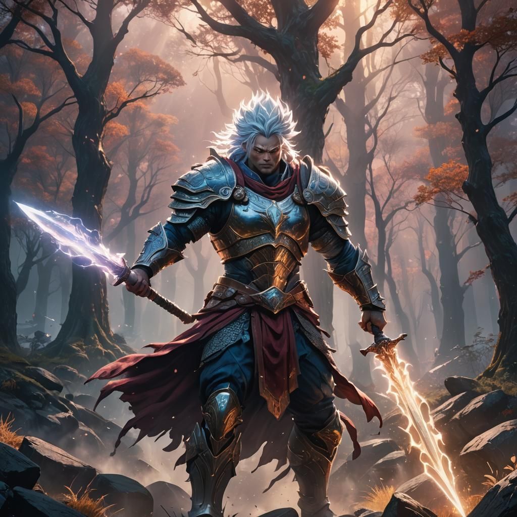 Warrior with Glowing Sword in Mystical Realm