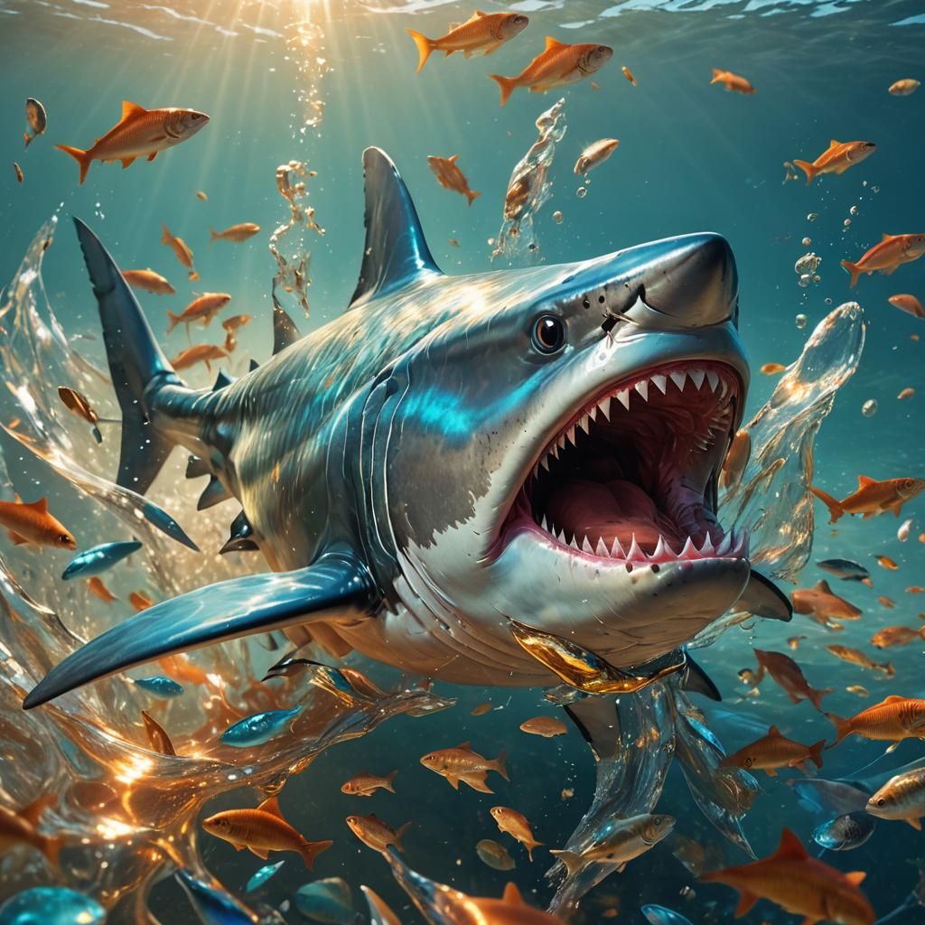 Shark Eats Fish in Bioluminescent Underwater Scene