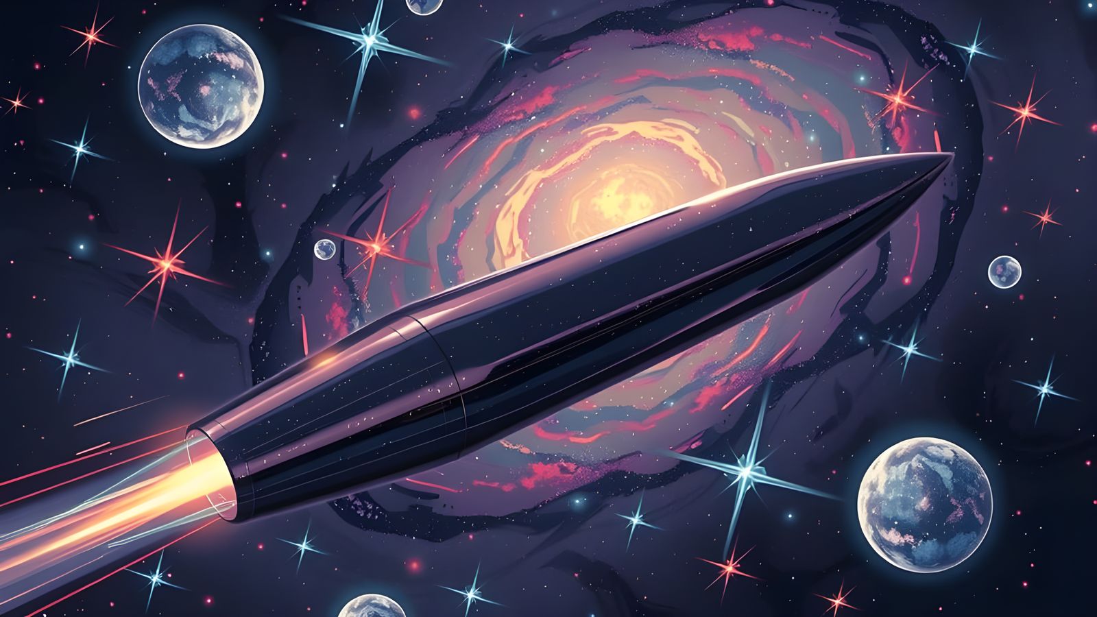 Iridescent Spaceship Races Through Kandinsky Starfield