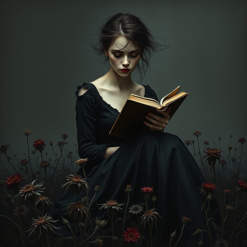 Haunting Woman Lost in Dark, Muted World of Wilting Flowers