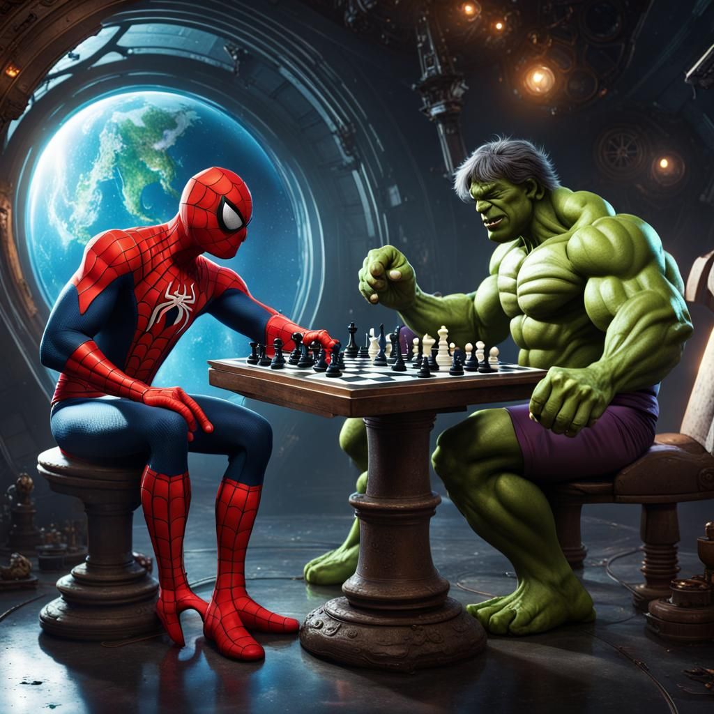 Spiderman and Hulk Play Chess in Space, Digital Art