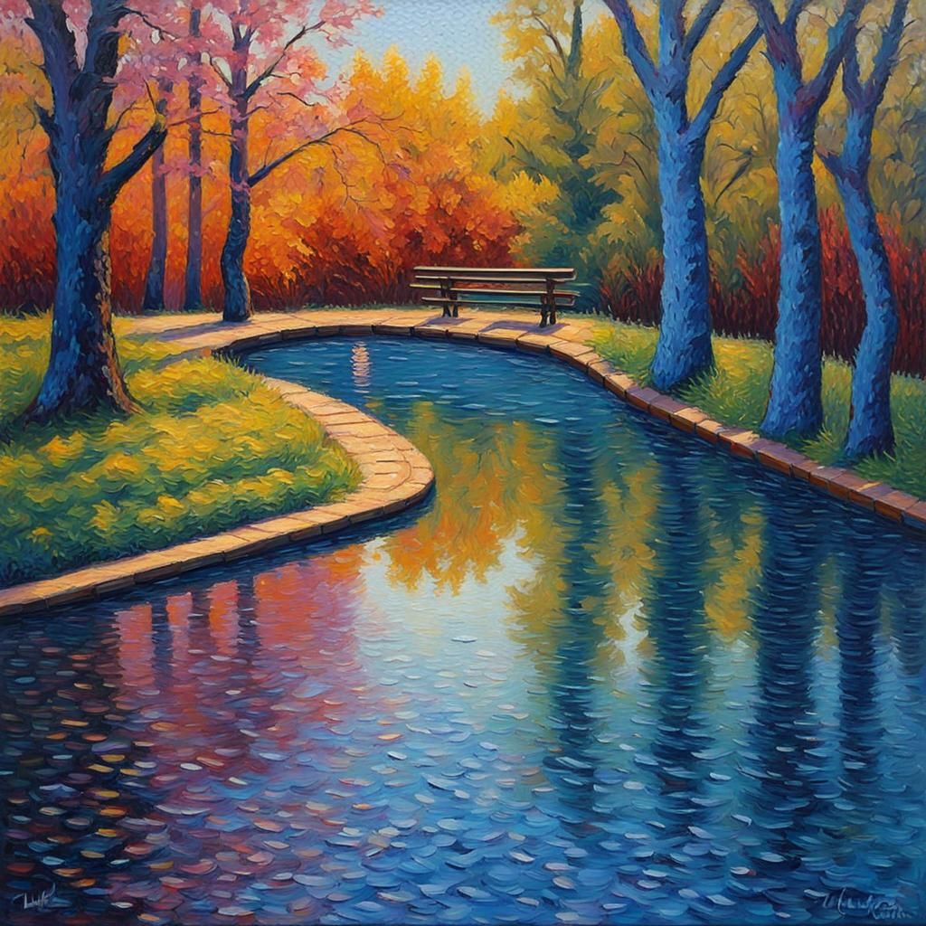 Colorful Impressionist Pond Painting with Thick Texture