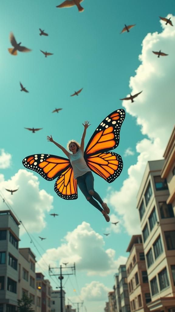 Winged People Soaring Over Vibrant Cityscape