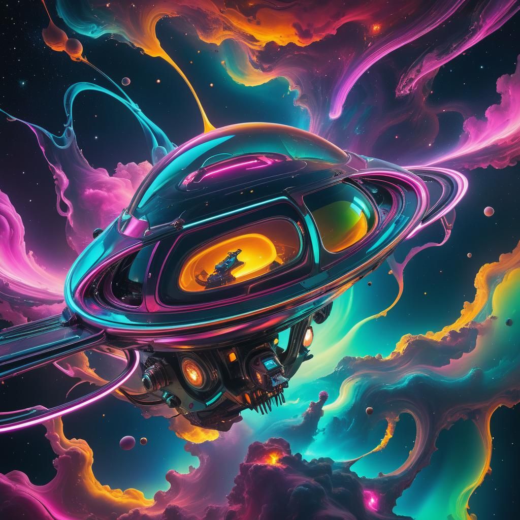Surreal Spaceship in Deep Space with Neon Glow