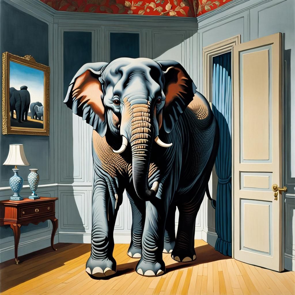 Surreal Elephant in Room, Gouache Painting Style