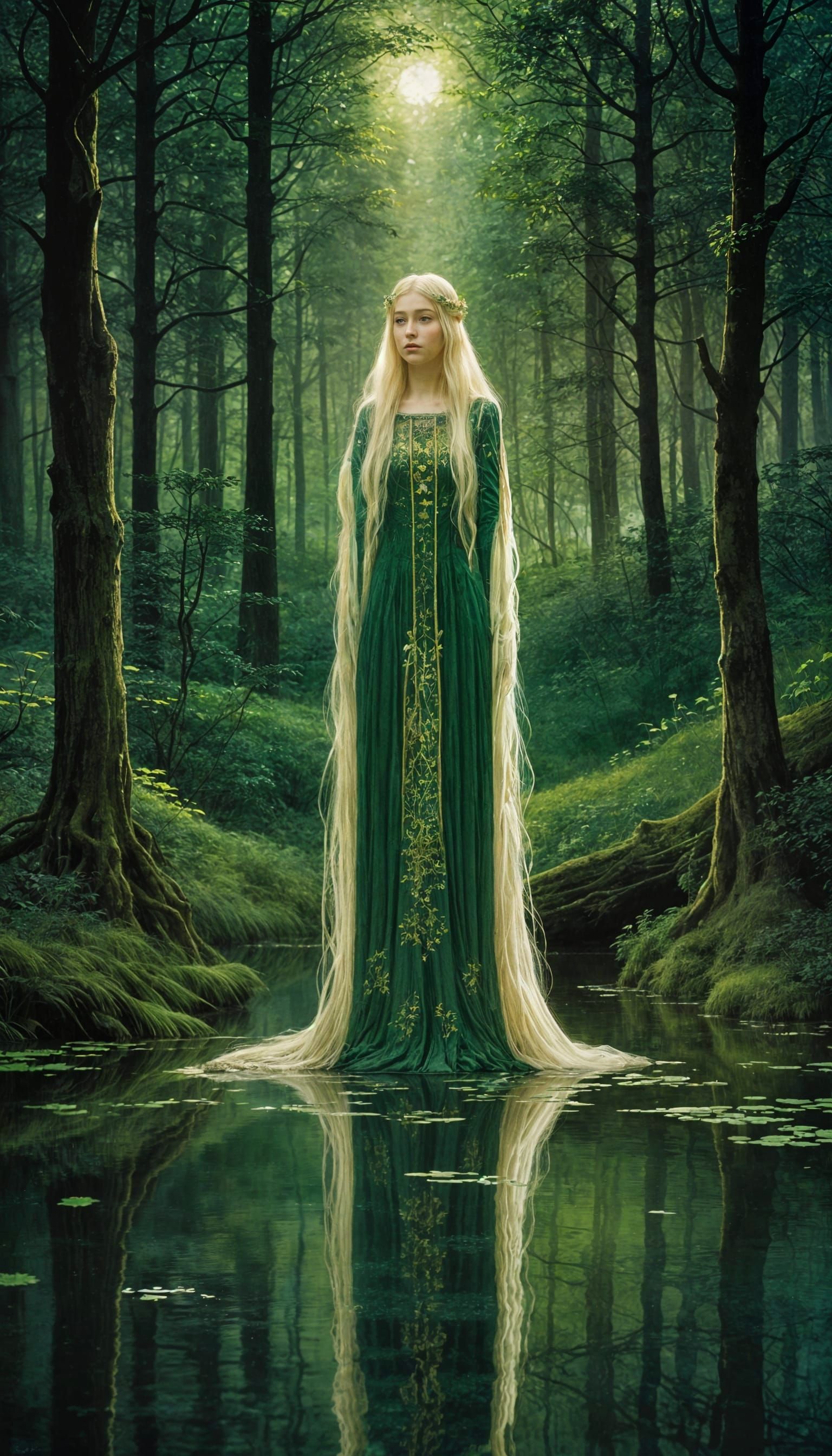Luminescent Princess Reflected in Forest Pond
